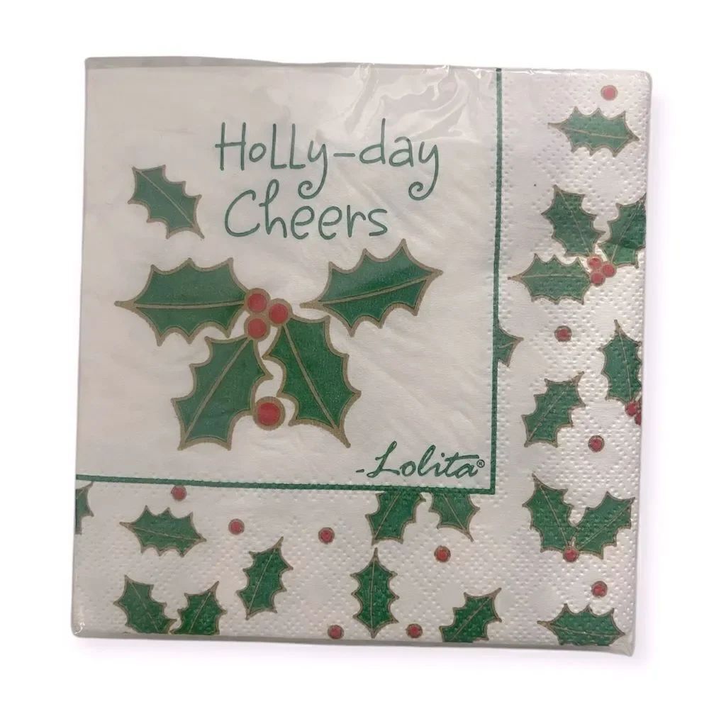 Lolita Holly Berry TW4-8400 White Green 20-Count 3-Ply Beverage Napkins 9”x9”
